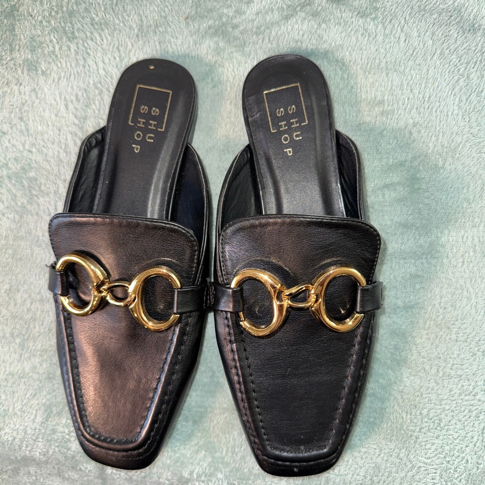 Shu Shop Womens Andromeda Mules 7 Black Gold Horsebit Hardware Flat Shoes